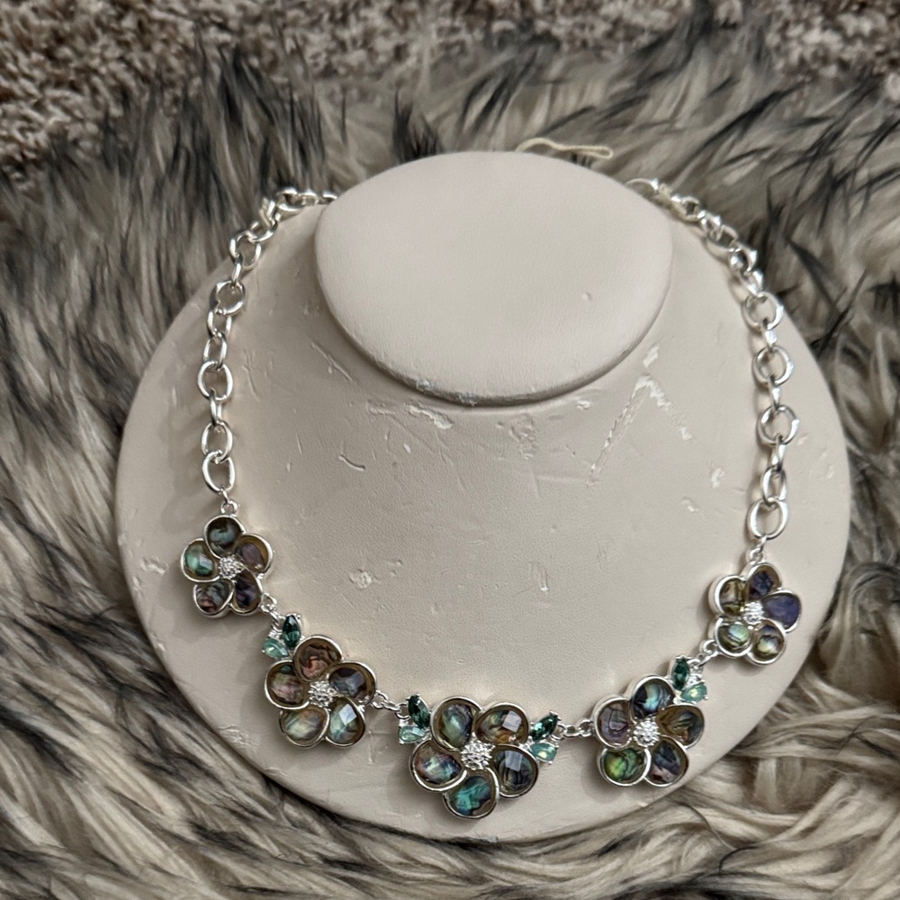 Floral Silver Necklace with Multicolor Accents